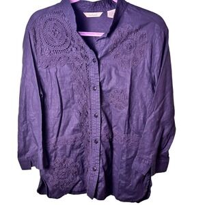 Bechamel Womens Button Up Shirt Black Linen Blend Crochet Embroidered Medium